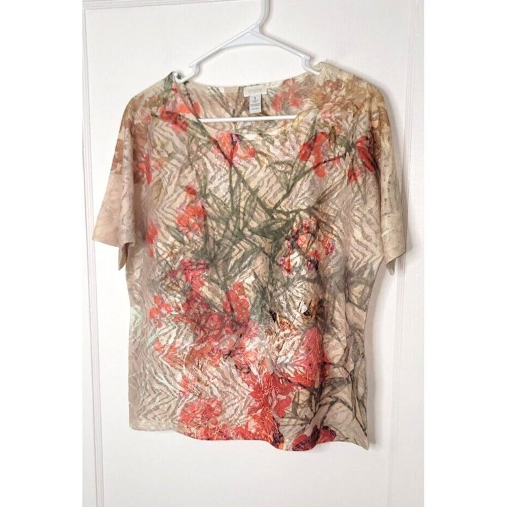Chicos Womens sz 1 embroidered sheer floral short sleeve scoop neck top